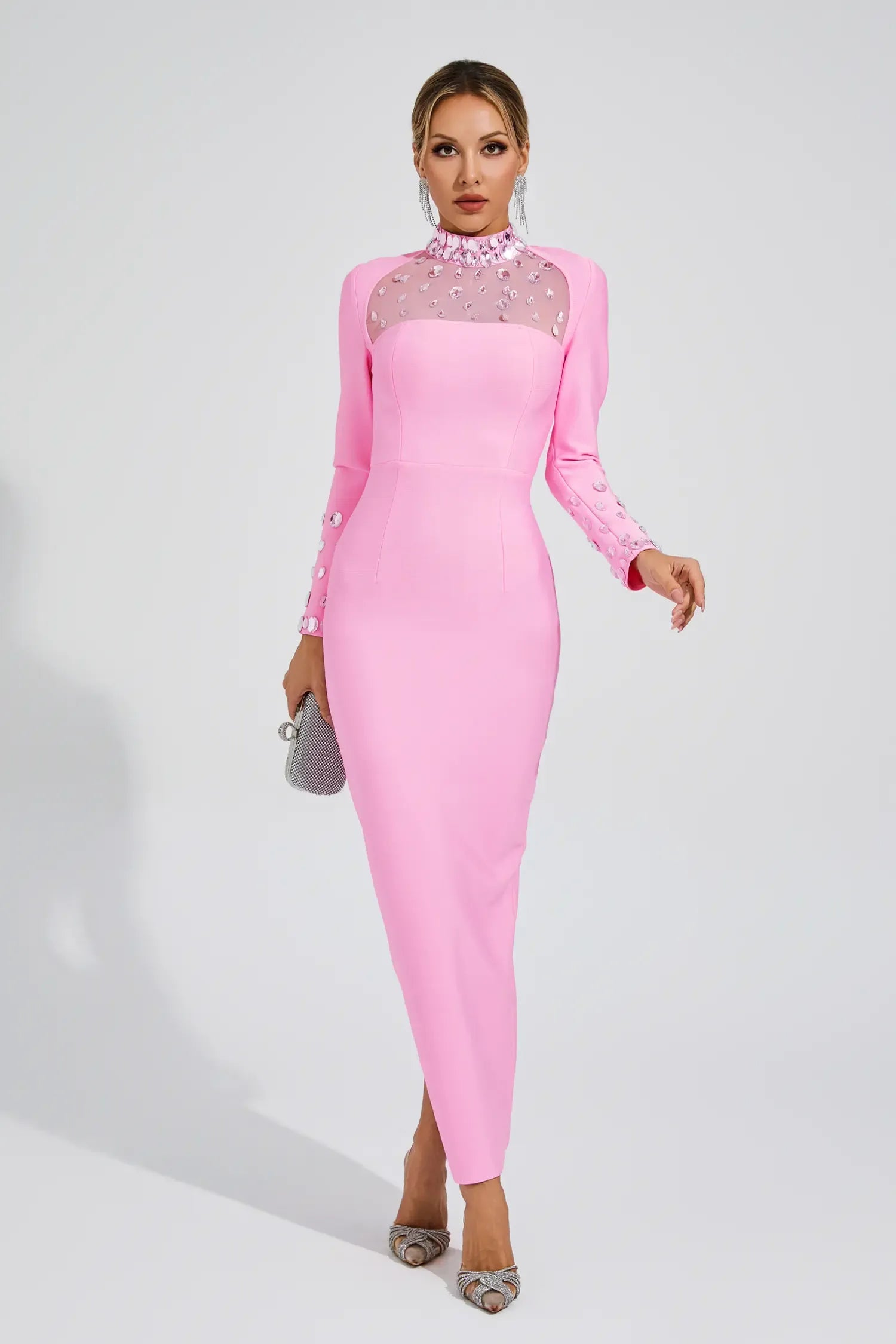 Kaeifa Pink Crystal Mesh High Neck Long Sleeve Maxi Dress