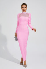 Kaeifa Pink Crystal Mesh High Neck Long Sleeve Maxi Dress