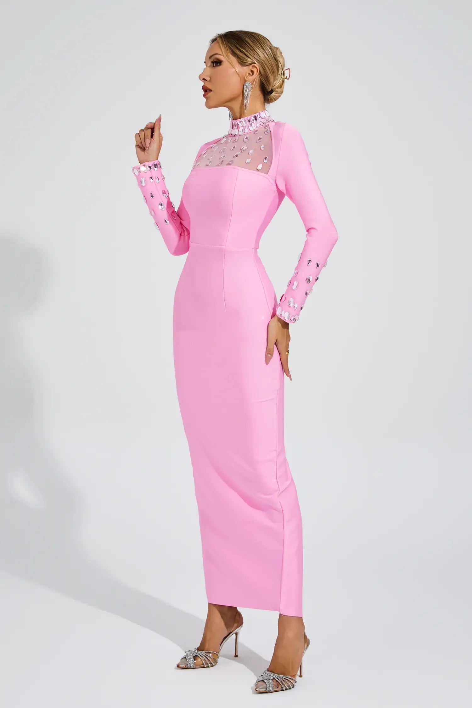 Kaeifa Pink Crystal Mesh High Neck Long Sleeve Maxi Dress
