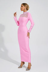Kaeifa Pink Crystal Mesh High Neck Long Sleeve Maxi Dress