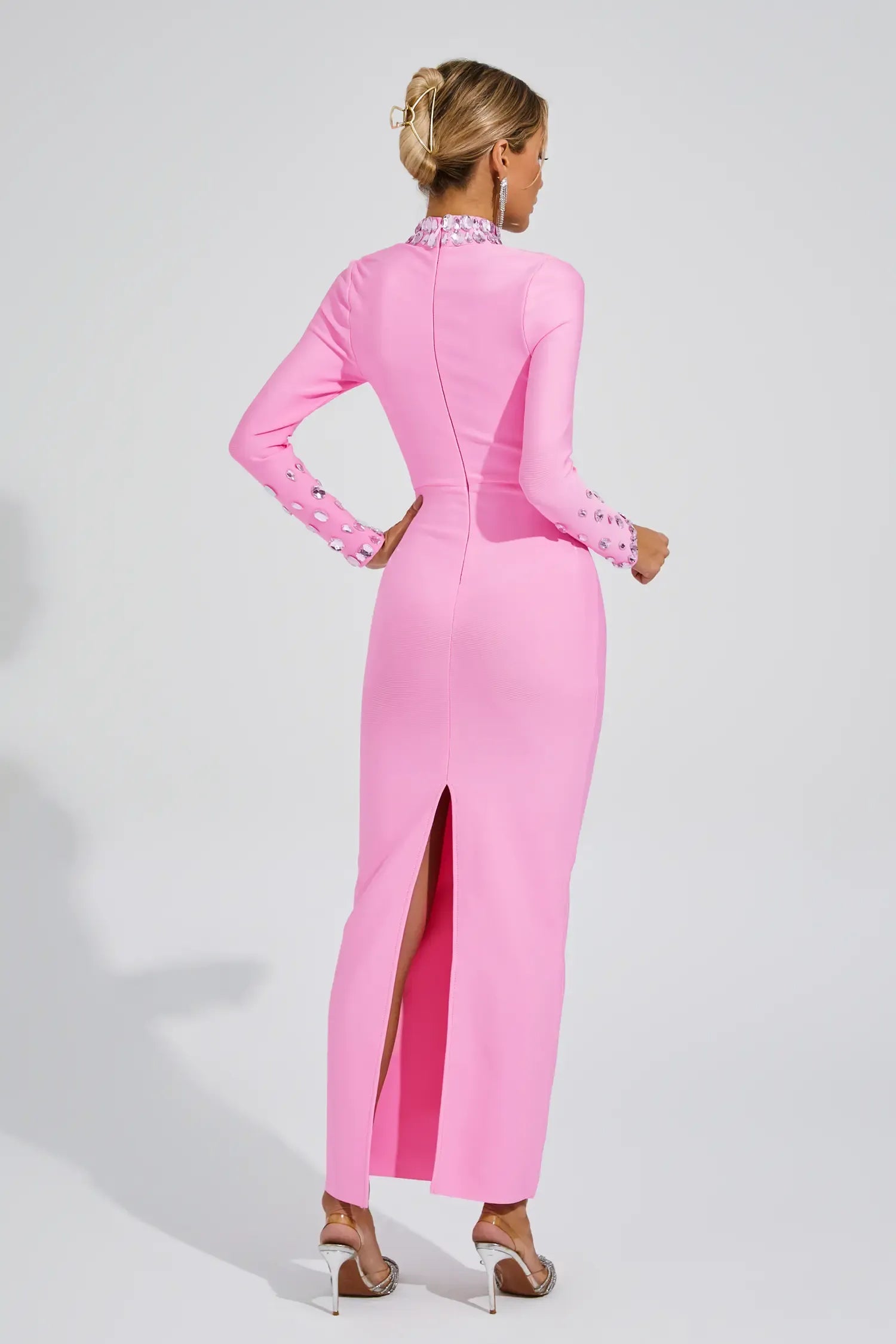 Kaeifa Pink Crystal Mesh High Neck Long Sleeve Maxi Dress