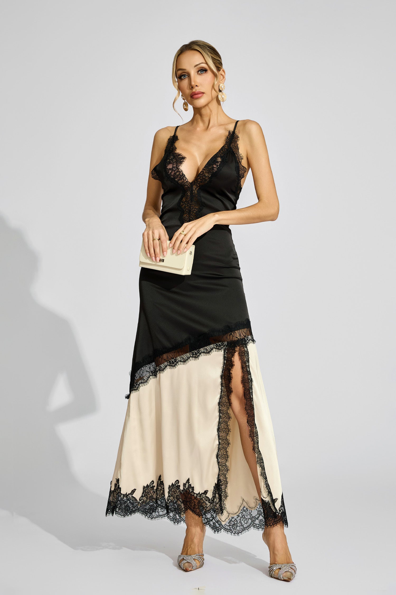 Kaeifa Black Beige Contrast Lace Edge Deep V Slip Maxi Dress