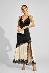 Kaeifa Black Beige Contrast Lace Edge Deep V Slip Maxi Dress