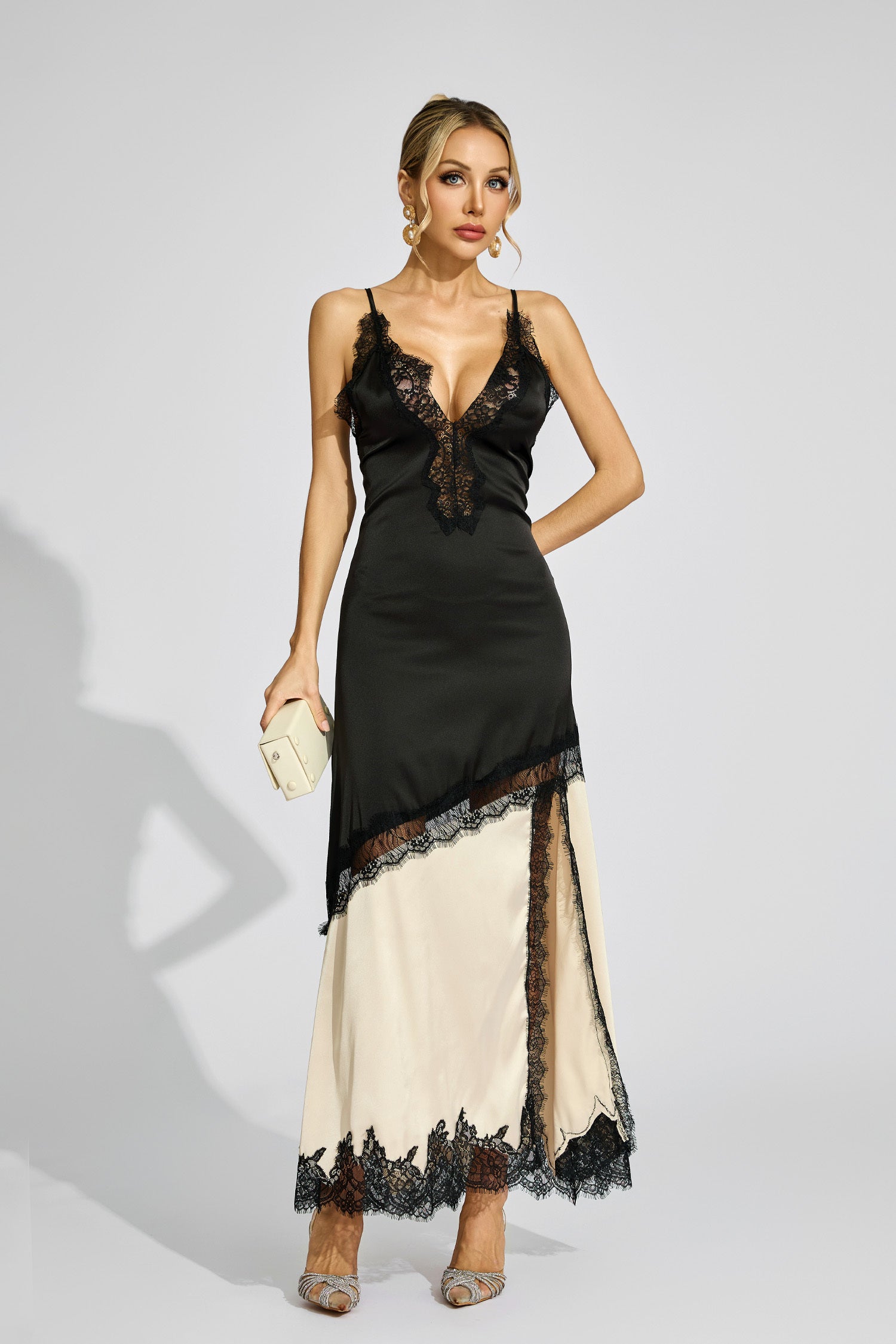 Kaeifa Black Beige Contrast Lace Edge Deep V Slip Maxi Dress
