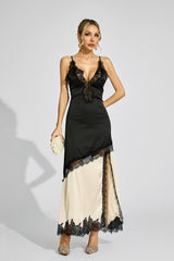 Kaeifa Black Beige Contrast Lace Edge Deep V Slip Maxi Dress