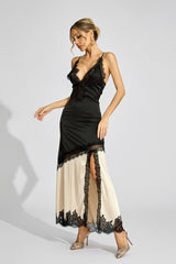 Kaeifa Black Beige Contrast Lace Edge Deep V Slip Maxi Dress