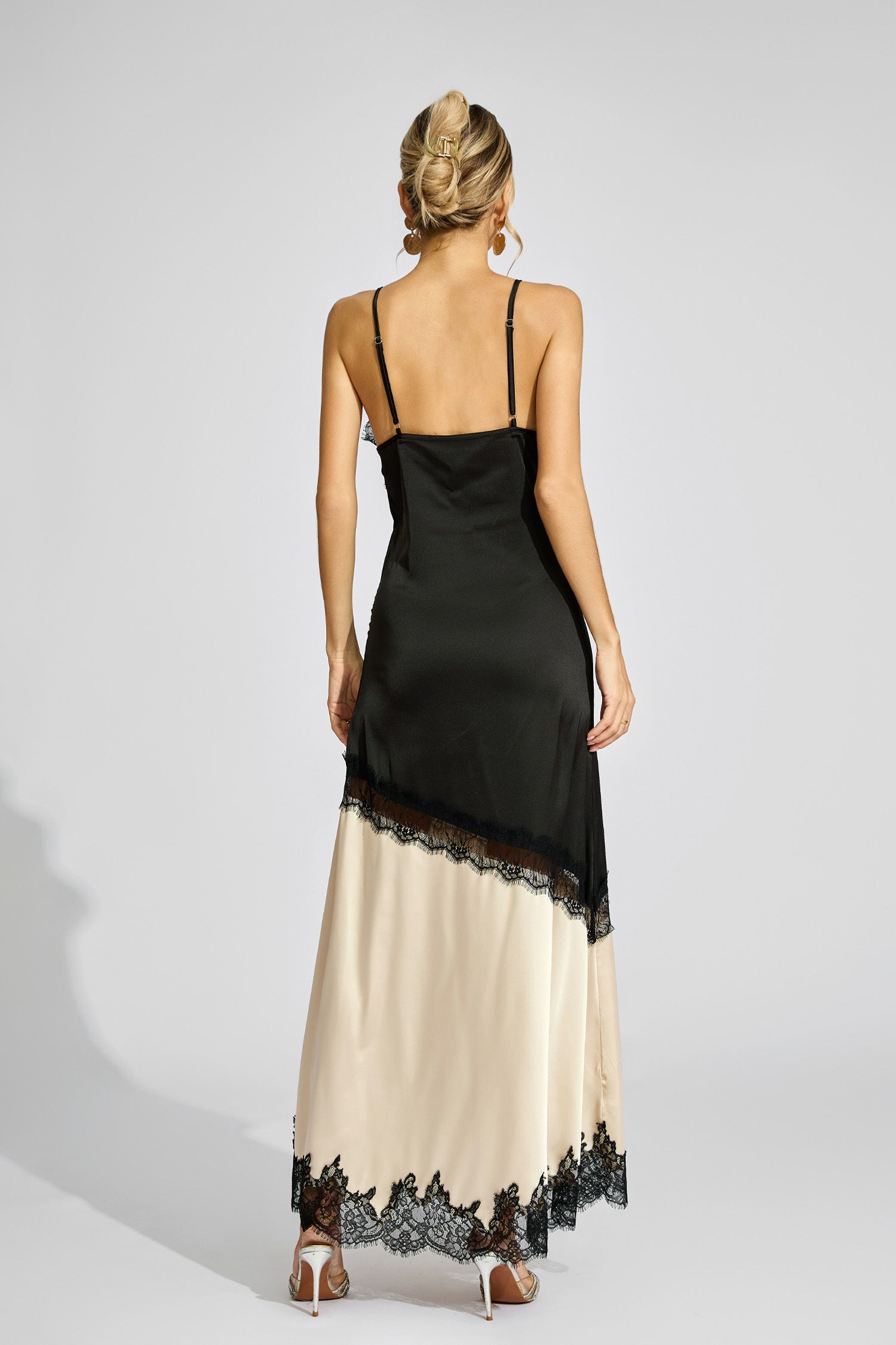 Kaeifa Black Beige Contrast Lace Edge Deep V Slip Maxi Dress