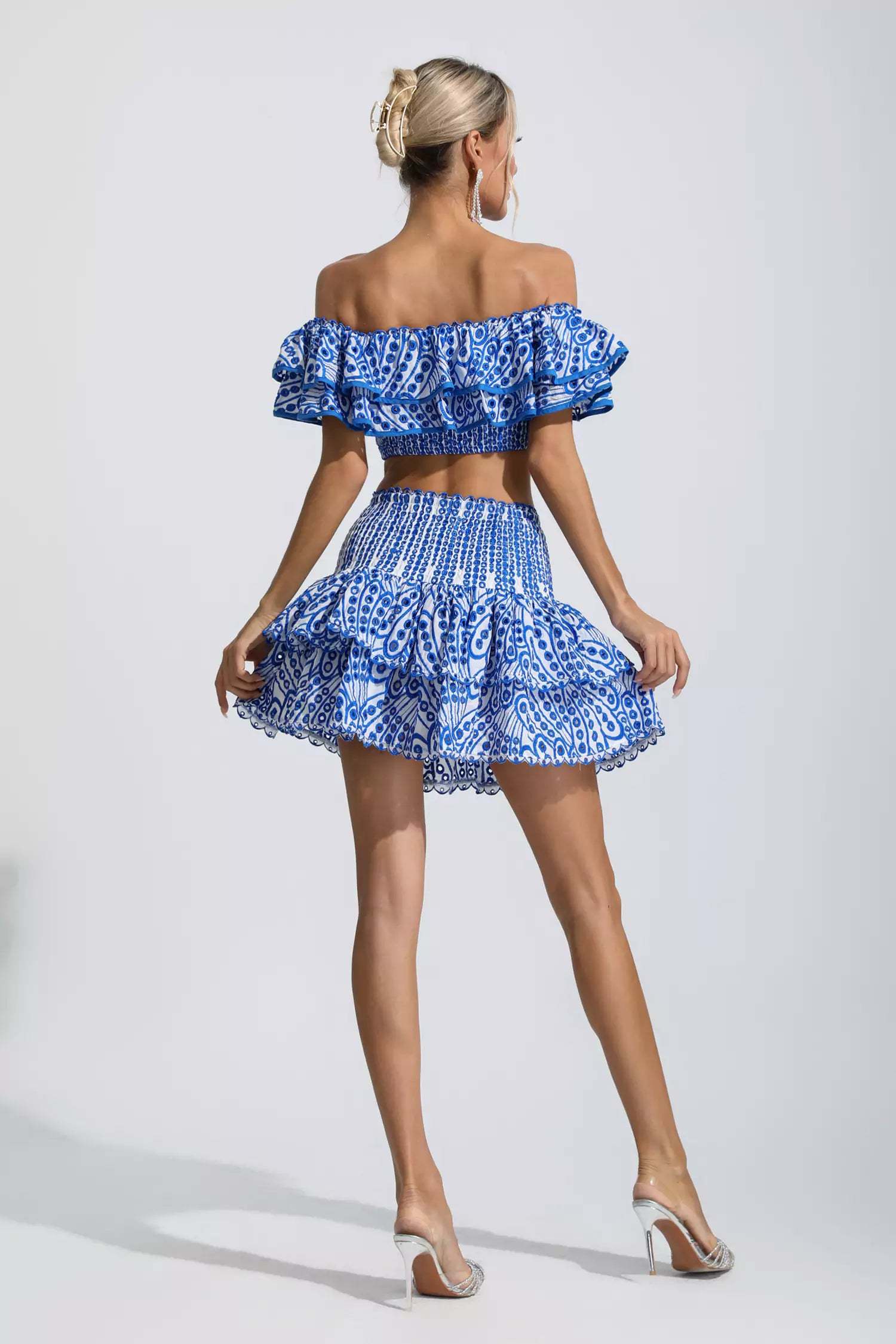 Kaeifa Blue Print Off Shoulder Smocked Crop Top Tiered Mini Skirt Set