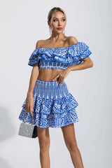 Kaeifa Blue Print Off Shoulder Smocked Crop Top Tiered Mini Skirt Set