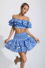 Kaeifa Blue Print Off Shoulder Smocked Crop Top Tiered Mini Skirt Set