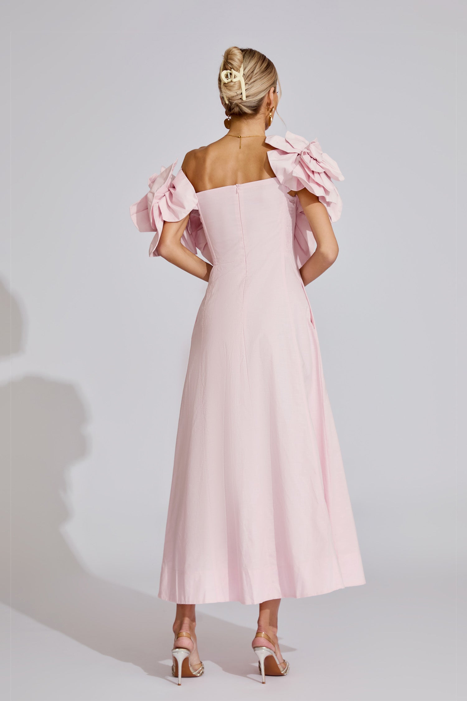Kaeifa Pink 3D Floral Maxi Dress - Off Shoulder Puff Sleeve