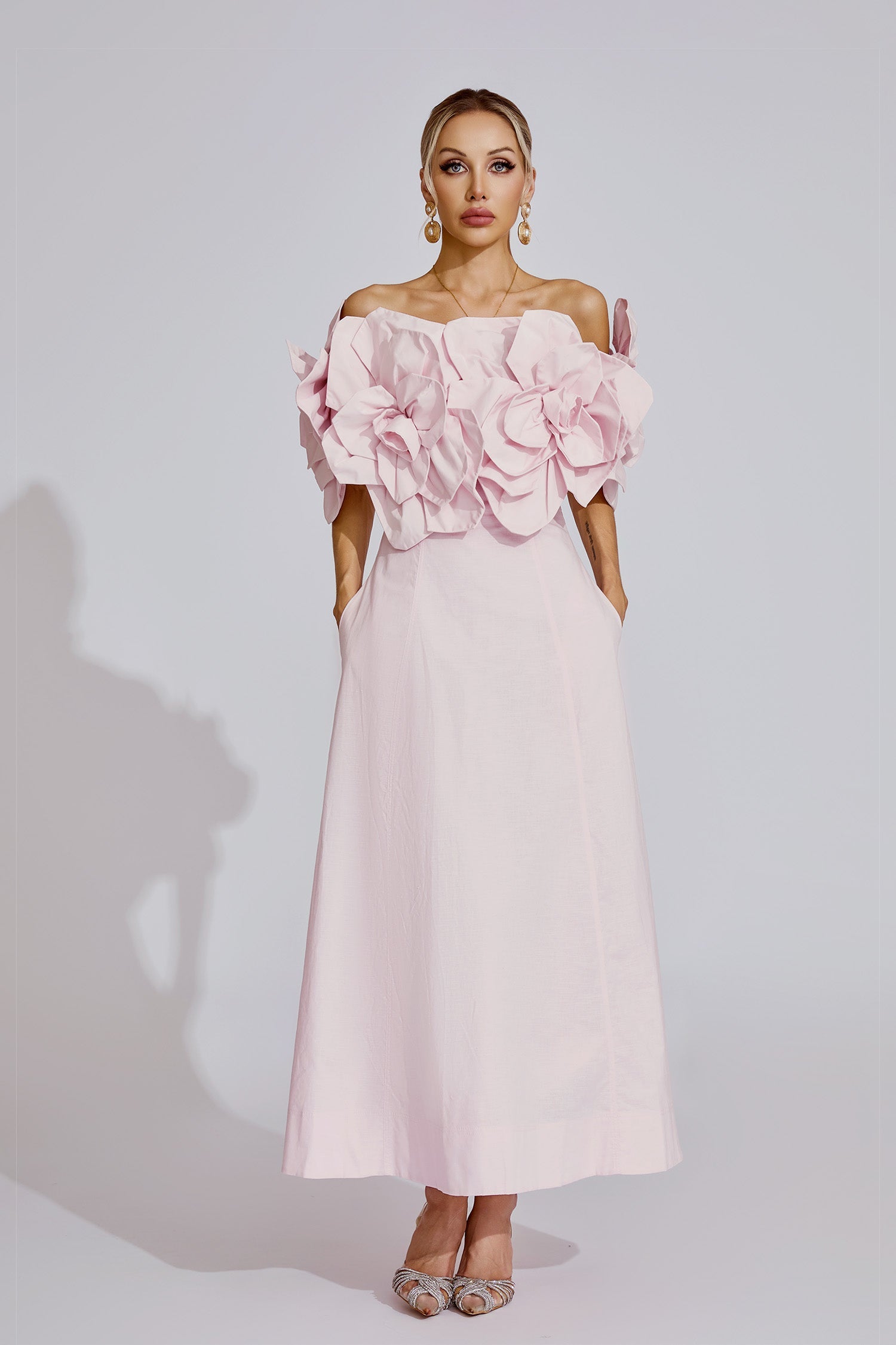 Kaeifa Pink 3D Floral Maxi Dress - Off Shoulder Puff Sleeve