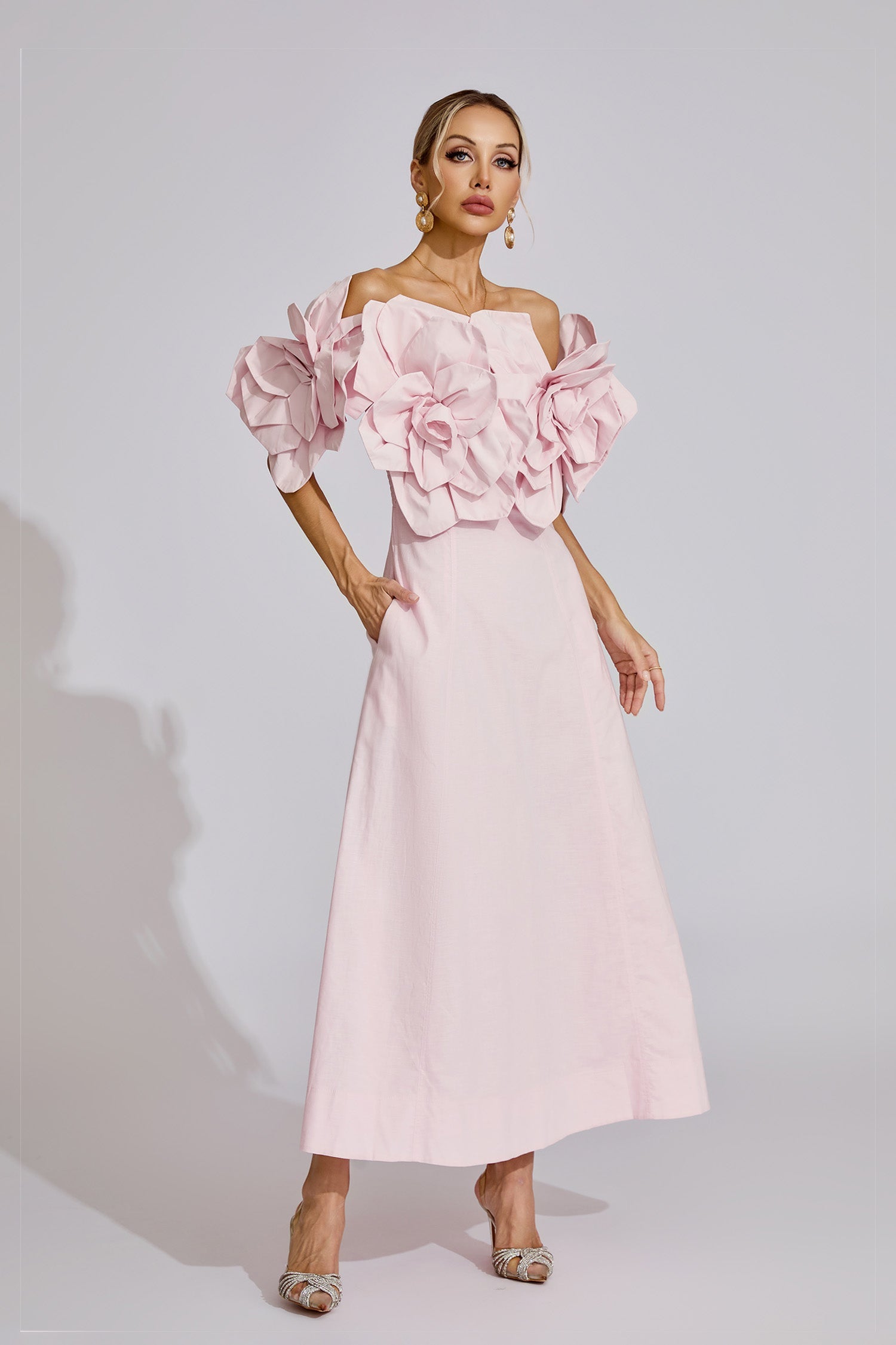 Kaeifa Pink 3D Floral Maxi Dress - Off Shoulder Puff Sleeve