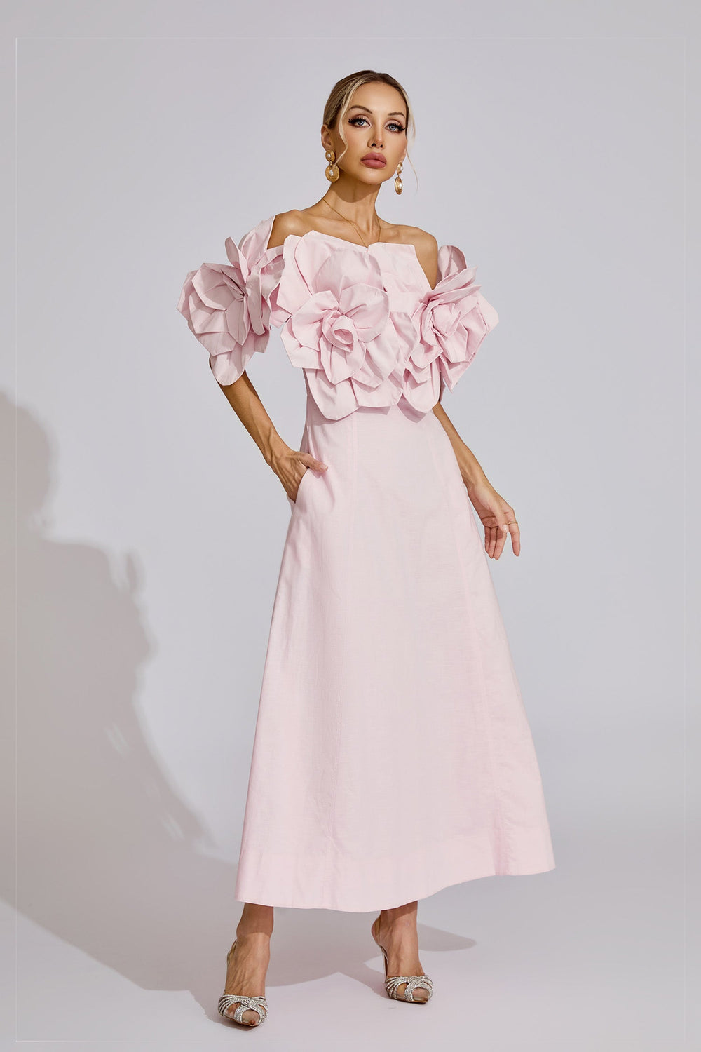 Kaeifa Pink 3D Floral Maxi Dress - Off Shoulder Puff Sleeve