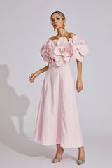 Kaeifa Pink 3D Floral Maxi Dress - Off Shoulder Puff Sleeve