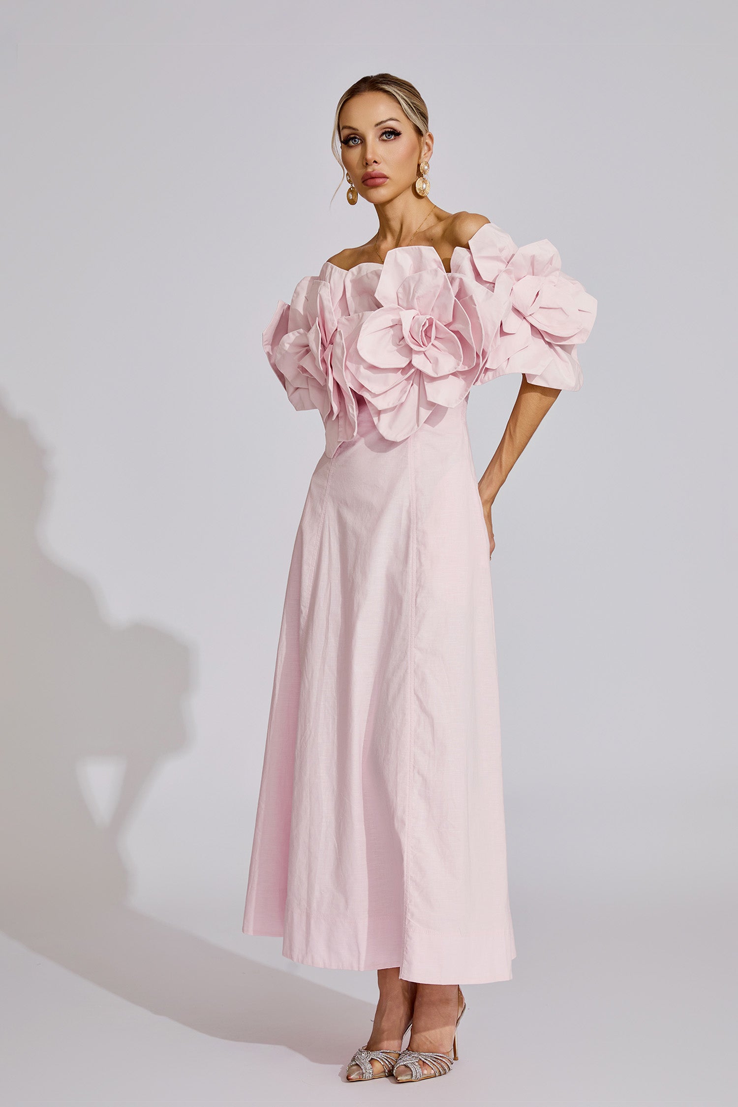 Kaeifa Pink 3D Floral Maxi Dress - Off Shoulder Puff Sleeve