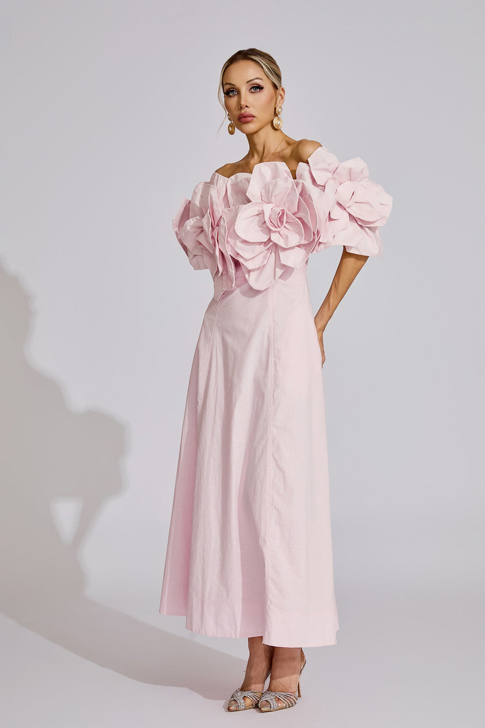Kaeifa Pink 3D Floral Maxi Dress - Off Shoulder Puff Sleeve