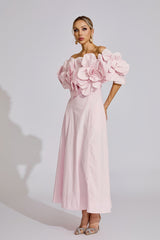 Kaeifa Pink 3D Floral Maxi Dress - Off Shoulder Puff Sleeve
