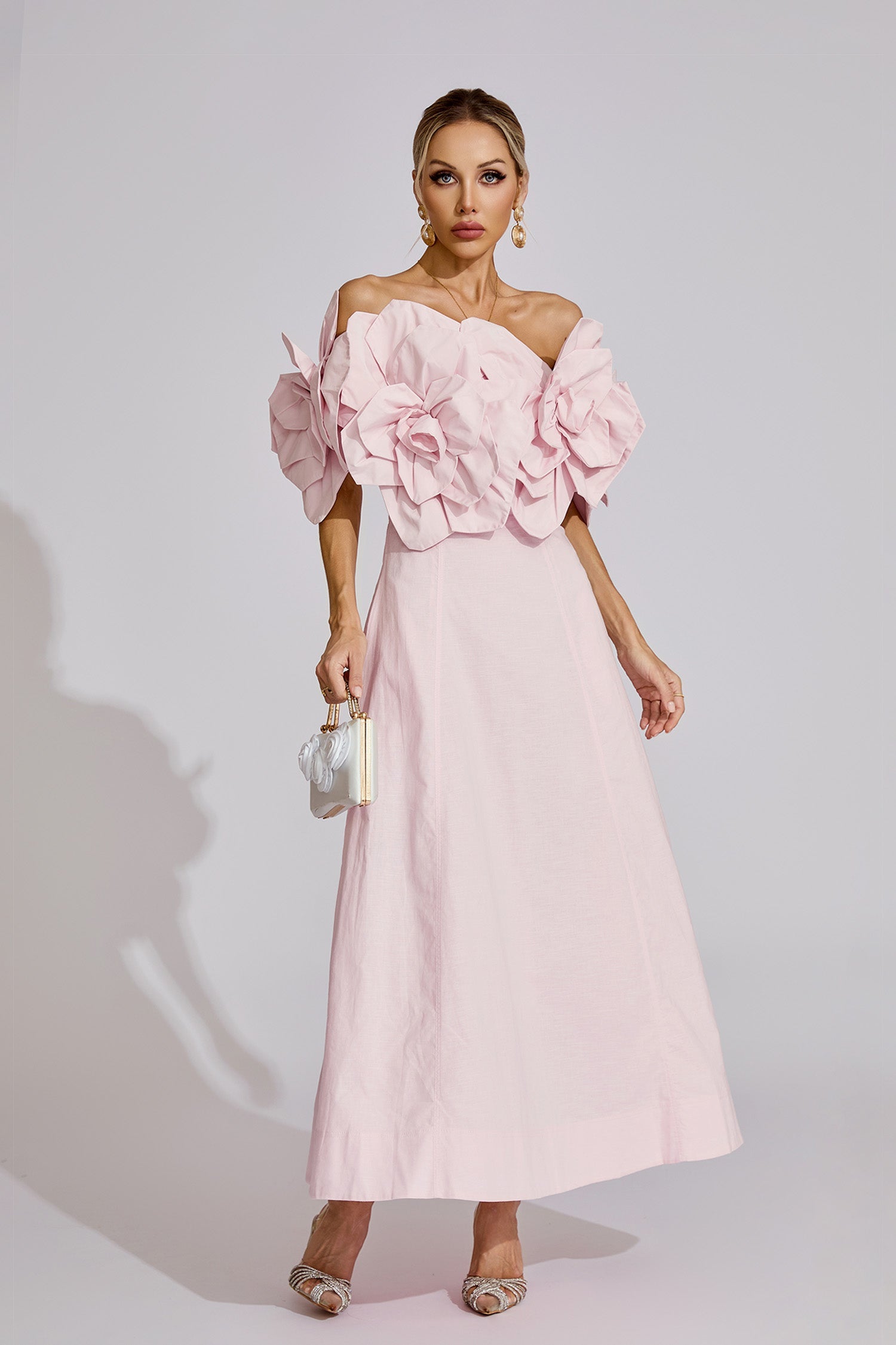 Kaeifa Pink 3D Floral Maxi Dress - Off Shoulder Puff Sleeve
