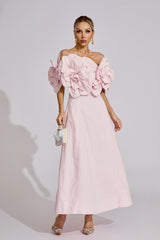 Kaeifa Pink 3D Floral Maxi Dress - Off Shoulder Puff Sleeve
