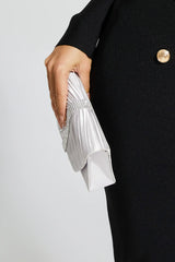 Kaeifa Silver Satin Crystal Strip Pleated Fold Over Evening Clutch Bag