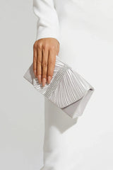 Kaeifa Silver Satin Crystal Strip Pleated Fold Over Evening Clutch Bag