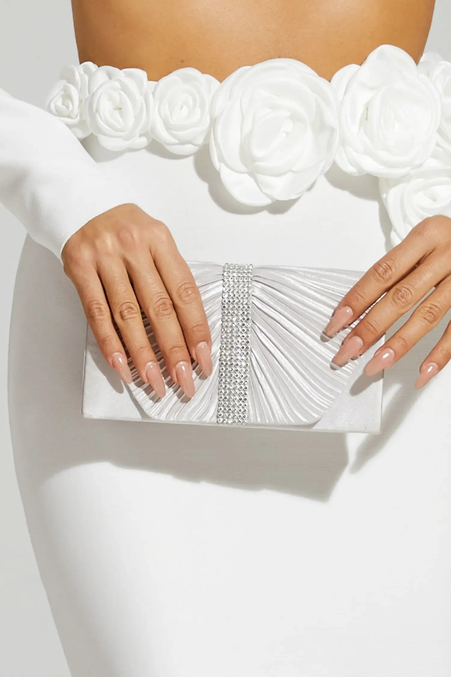 Kaeifa Silver Satin Crystal Strip Pleated Fold Over Evening Clutch Bag