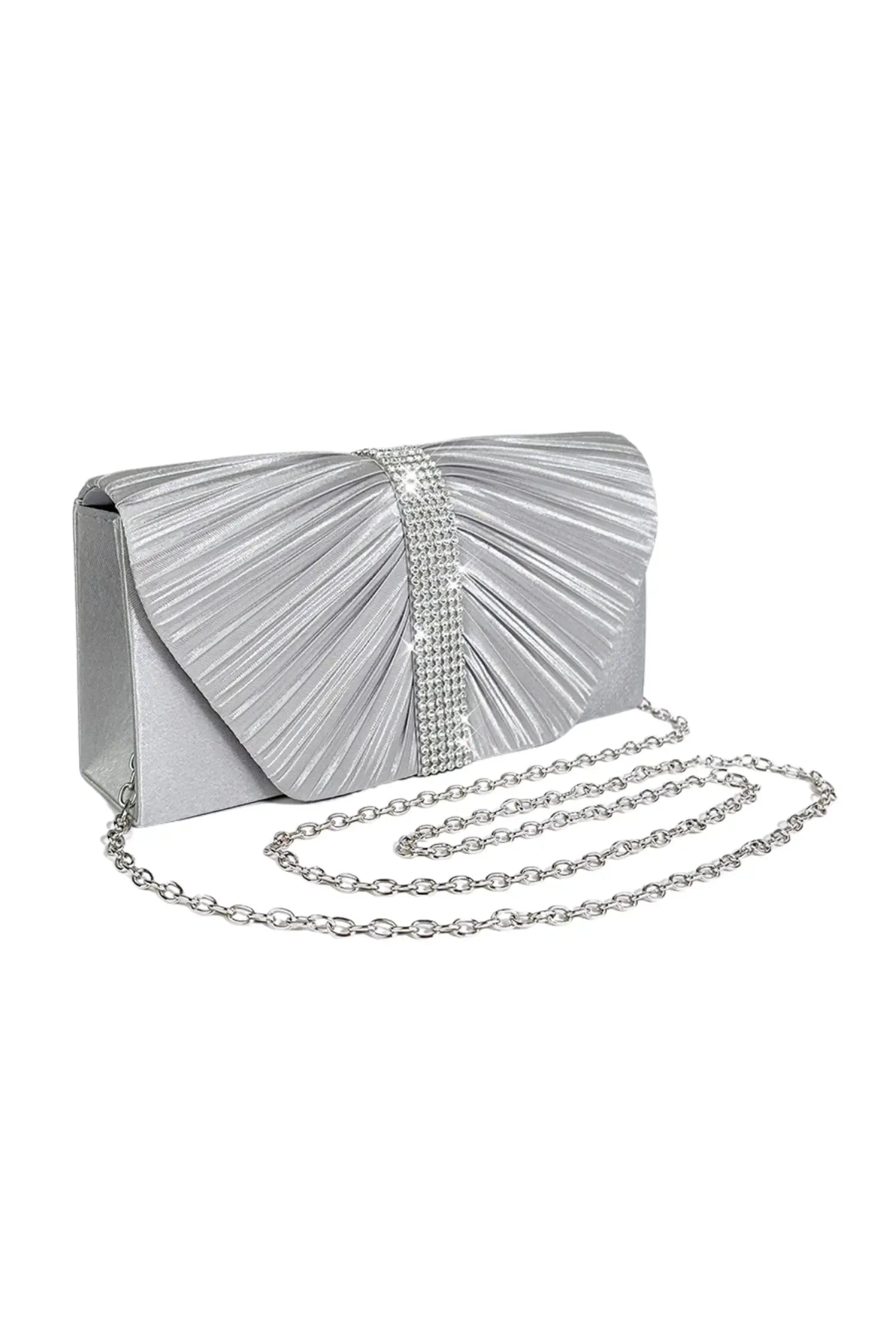 Kaeifa Silver Satin Crystal Strip Pleated Fold Over Evening Clutch Bag