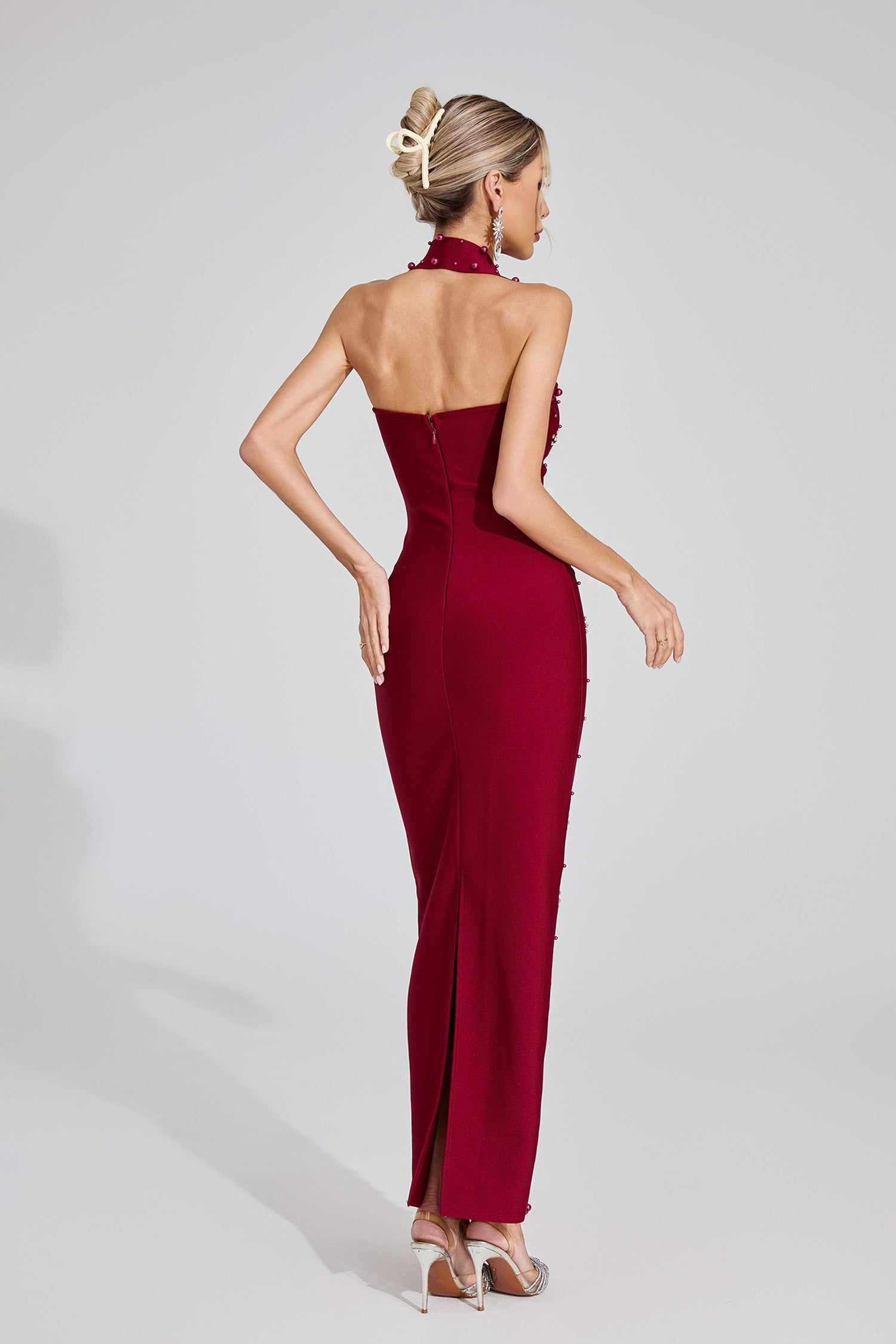 Kaeifa Burgundy Pearl Embellished Halter Neck Bodycon Maxi Dress