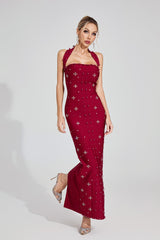 Kaeifa Burgundy Pearl Embellished Halter Fitted Maxi Dress