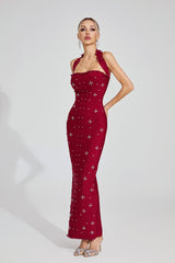 Kaeifa Burgundy Pearl Embellished Halter Neck Bodycon Maxi Dress