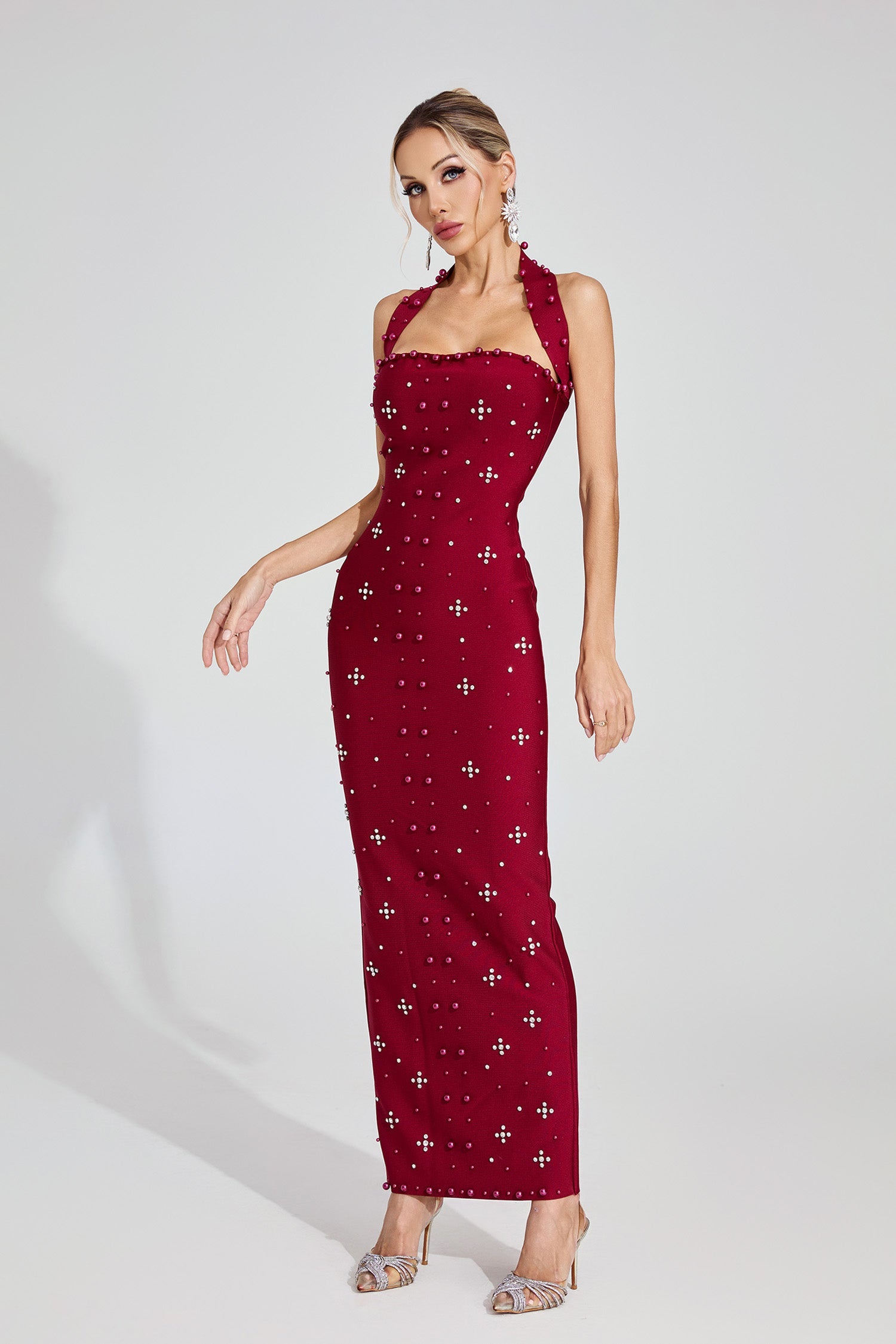 Kaeifa Burgundy Pearl Embellished Halter Fitted Maxi Dress