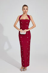 Kaeifa Burgundy Pearl Embellished Halter Fitted Maxi Dress
