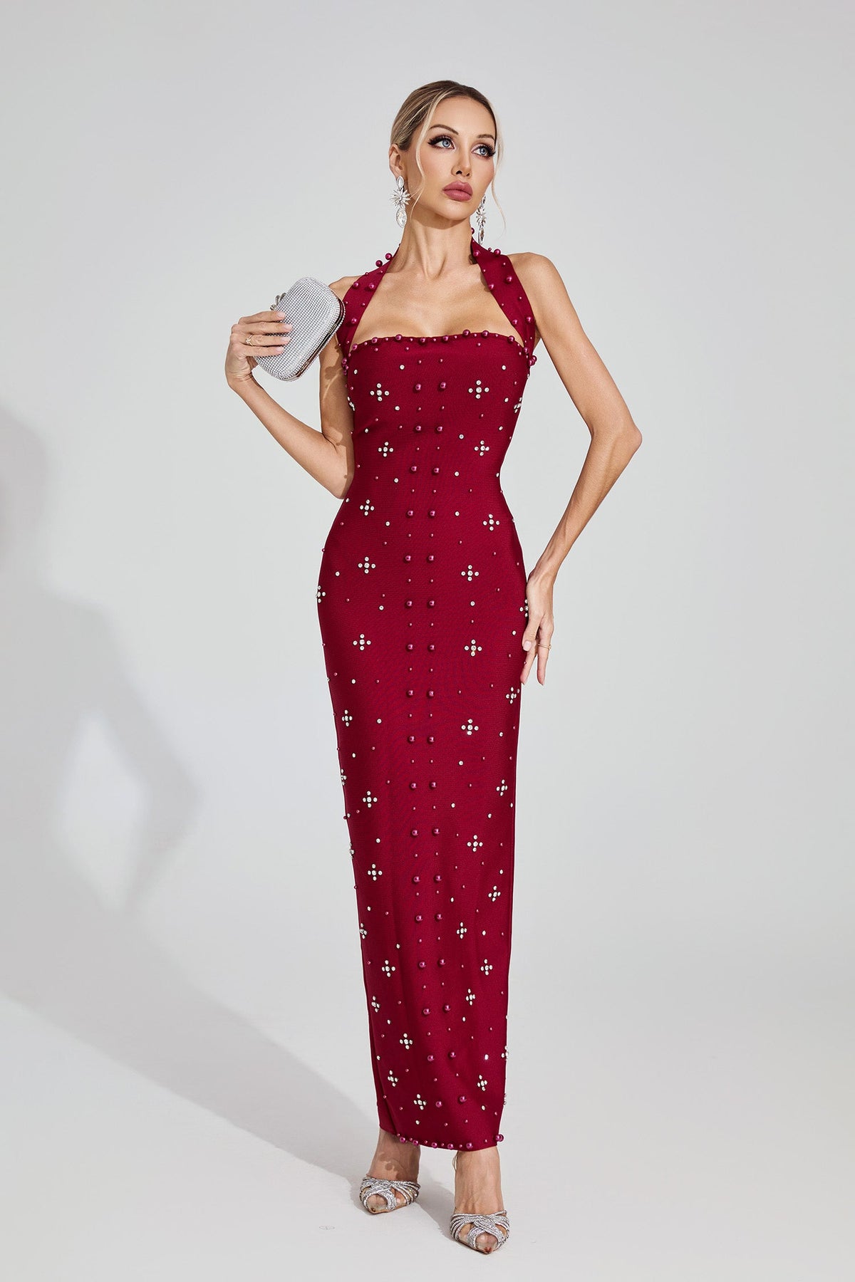 Kaeifa Burgundy Pearl Embellished Halter Neck Bodycon Maxi Dress