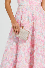 Kaeifa Ivory Pleated Satin Gold Flower Clasp Hard Case Evening Clutch