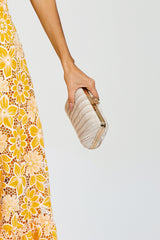 Kaeifa Ivory Pleated Satin Gold Flower Clasp Hard Case Evening Clutch