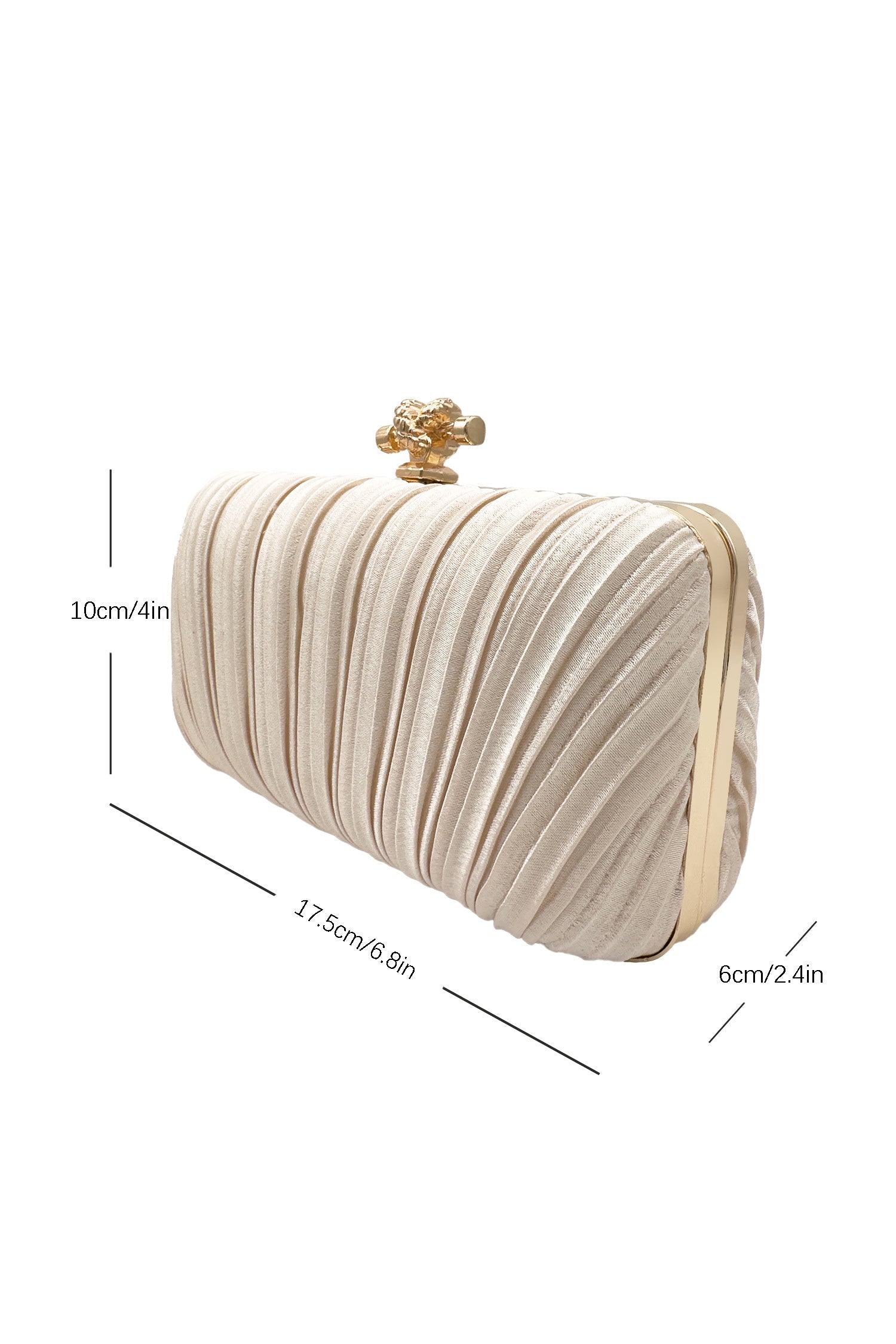 Kaeifa Ivory Pleated Satin Gold Flower Clasp Hard Case Evening Clutch