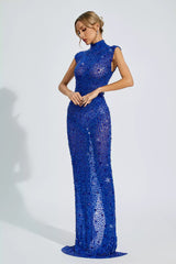 Kaeifa Royal Blue Crystal Embellished High Neck Maxi Gown