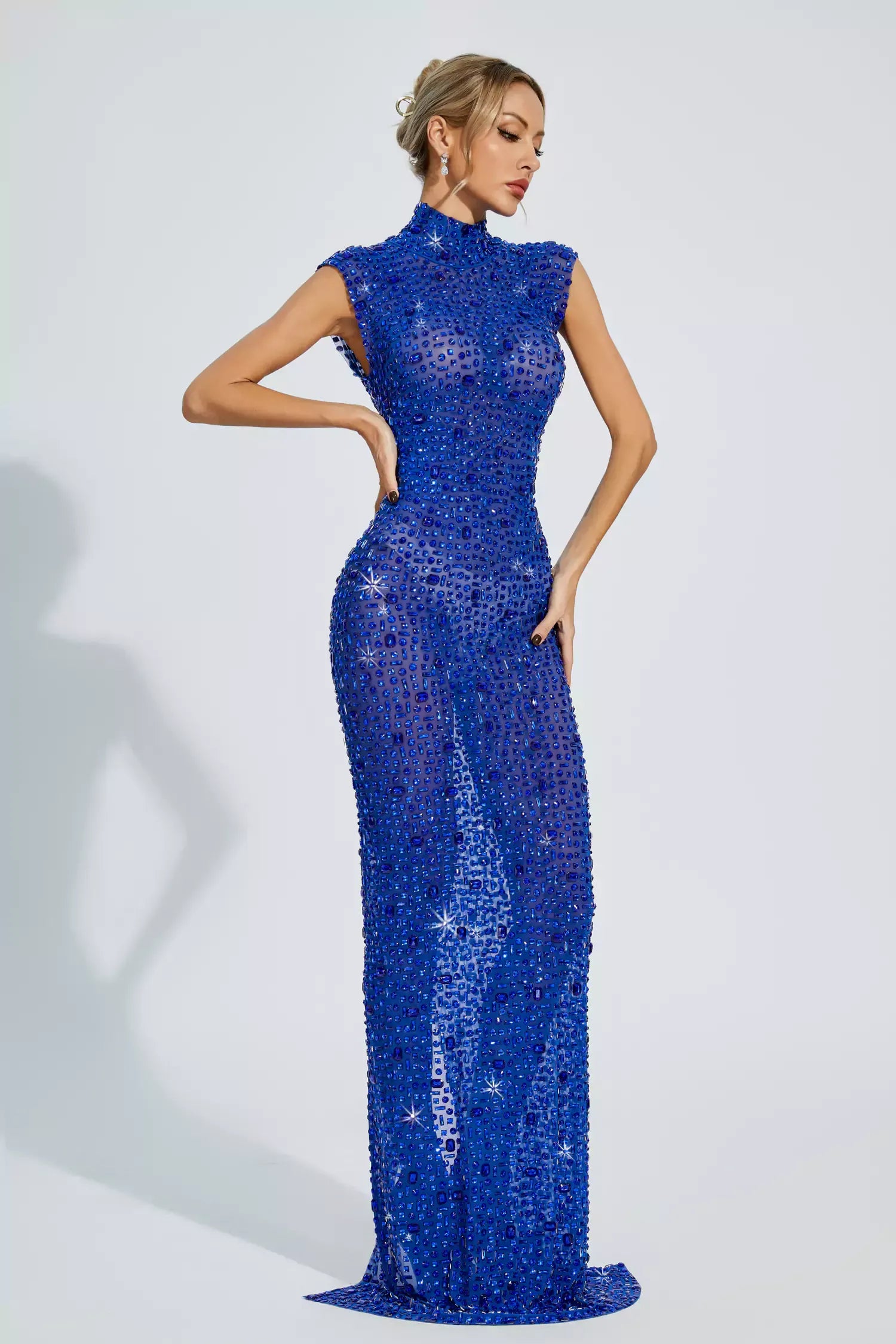 Kaeifa Royal Blue Crystal Embellished High Neck Maxi Gown