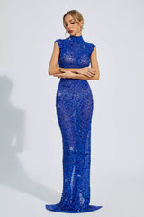 Kaeifa Royal Blue Crystal Embellished High Neck Maxi Gown