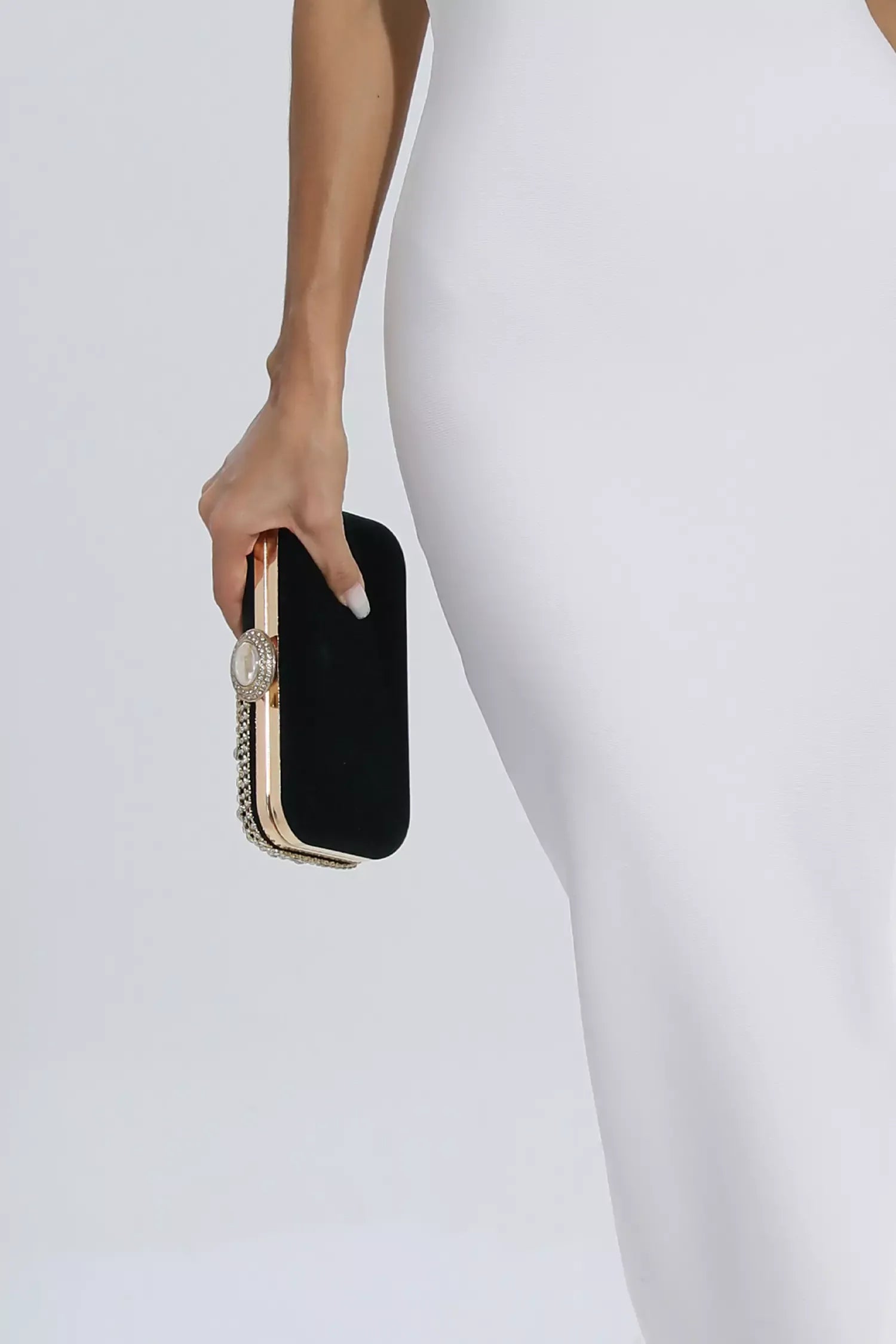 Kaeifa Black Velvet Crystal Embellished Hard Case Evening Clutch Bag