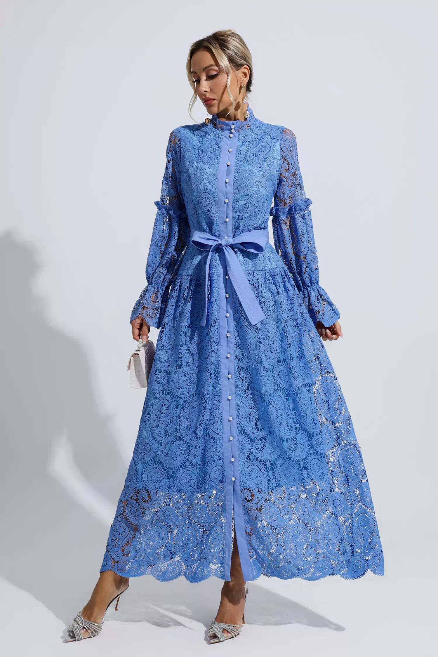 Kaeifa Cornflower Lace High Neck Bell Sleeve Belted Maxi Dress