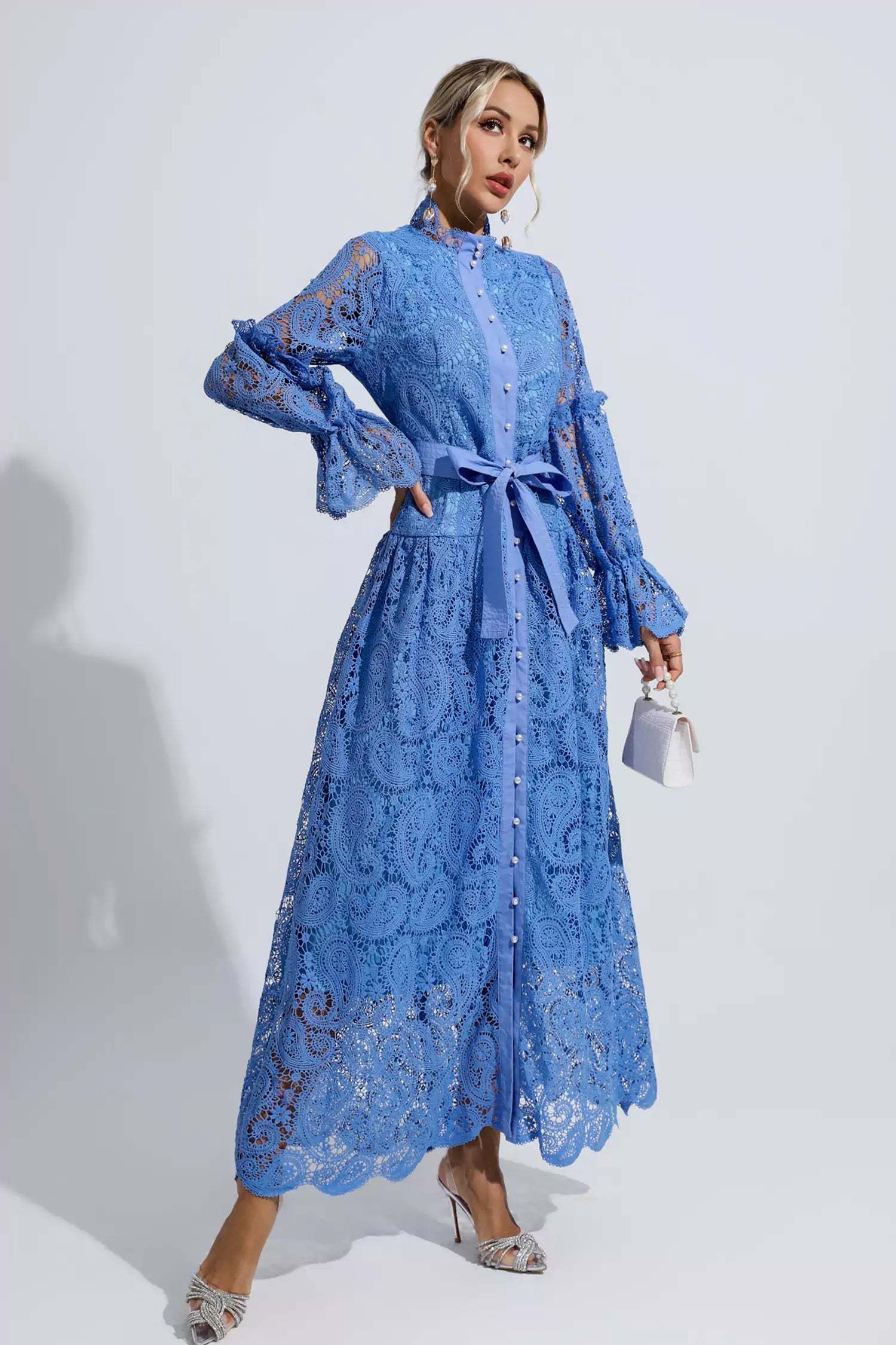 Kaeifa Cornflower Lace High Neck Bell Sleeve Belted Maxi Dress