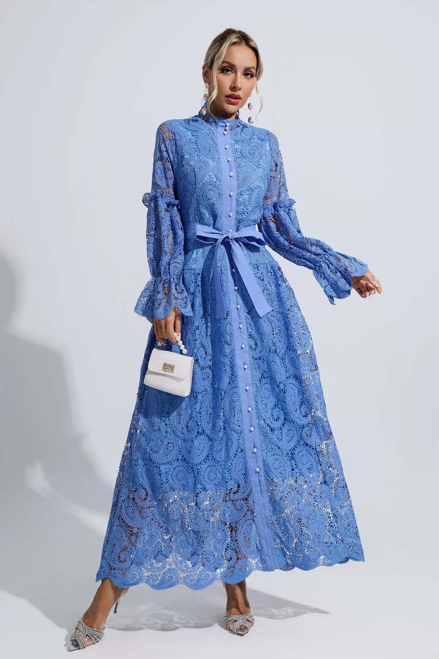Kaeifa Cornflower Lace High Neck Bell Sleeve Belted Maxi Dress