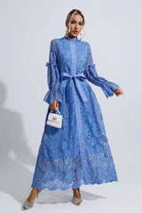 Kaeifa Cornflower Lace High Neck Bell Sleeve Belted Maxi Dress