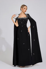 Kaeifa Black Crystal Beaded Square Neck Cape Sleeve Maxi Dress