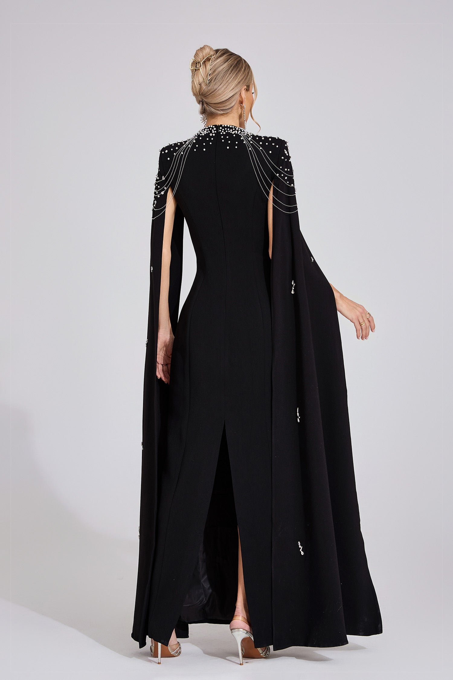 Kaeifa Black Crystal Beaded Square Neck Cape Sleeve Maxi Dress