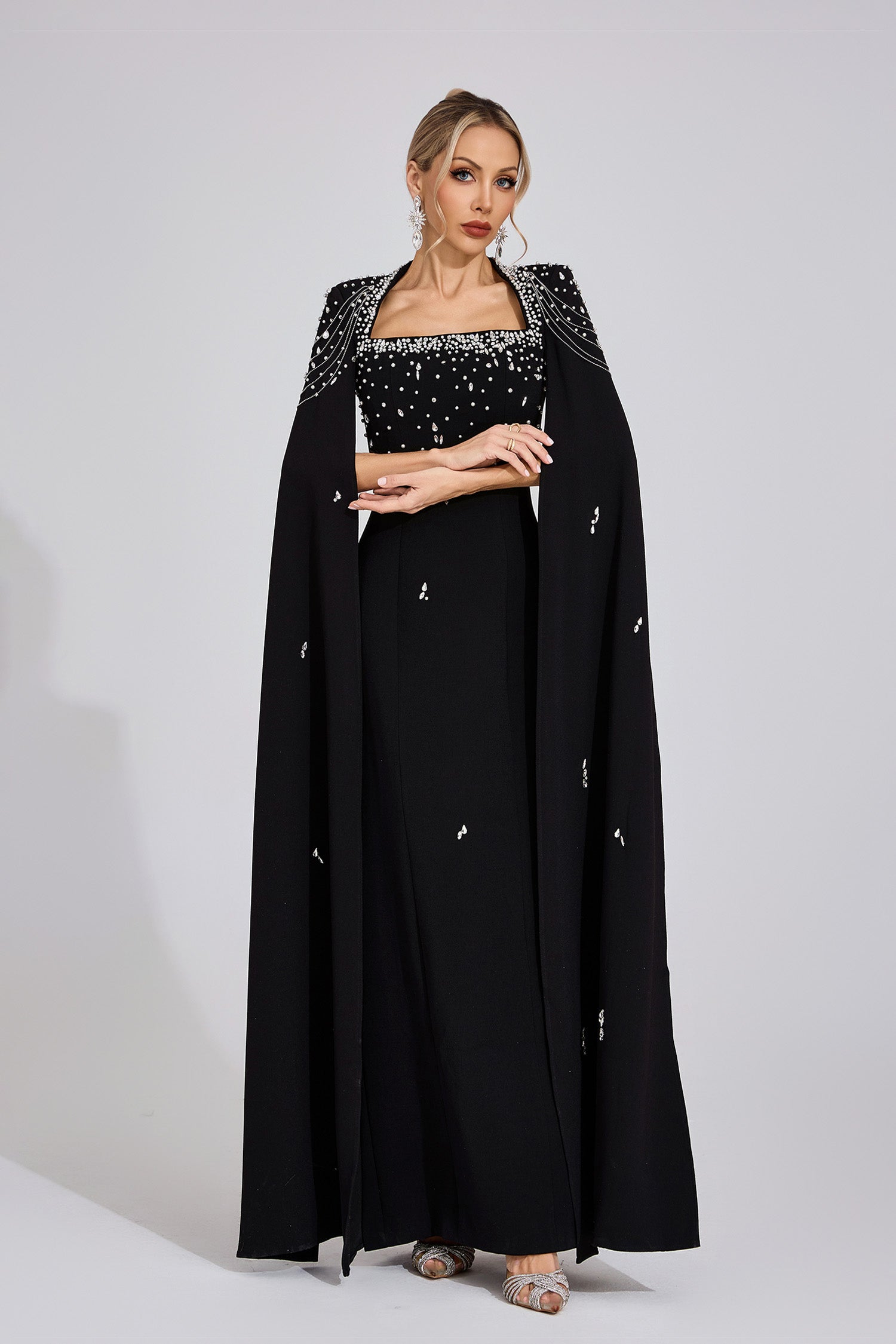 Kaeifa Black Crystal Beaded Square Neck Cape Sleeve Maxi Dress