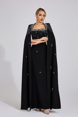Kaeifa Black Crystal Beaded Square Neck Cape Sleeve Maxi Dress