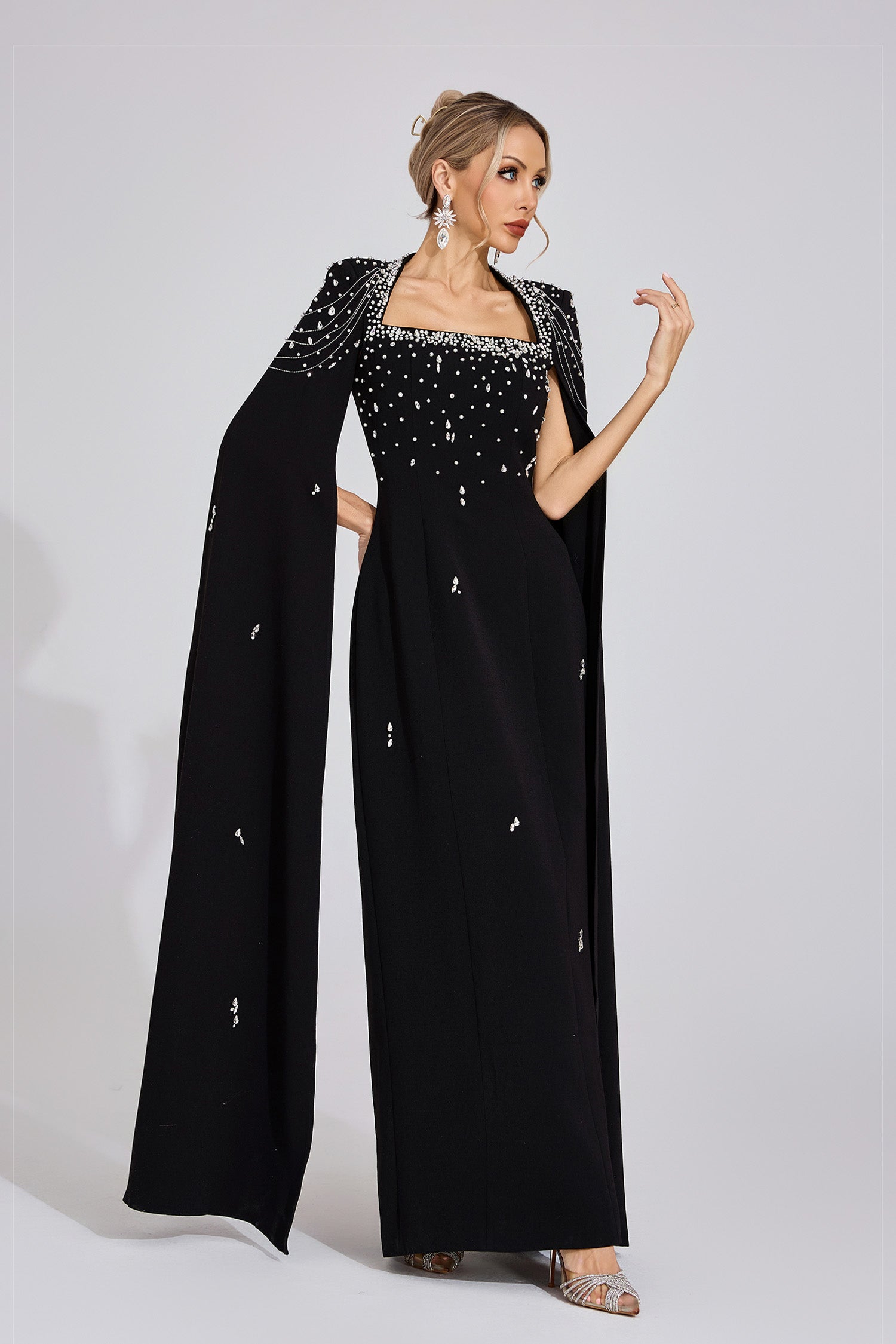 Kaeifa Black Crystal Beaded Square Neck Cape Sleeve Maxi Dress